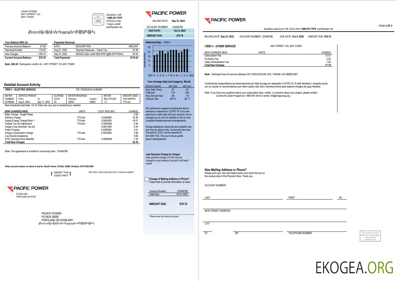 USA Pacific Power utility bill, Word and PDF template, 2 pages